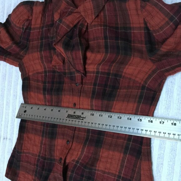 Peruvian Connection Womens Long Sleeve Plaid Top Sz 2 Button Ruffle Bow Neck Red - Picture 9 of 10